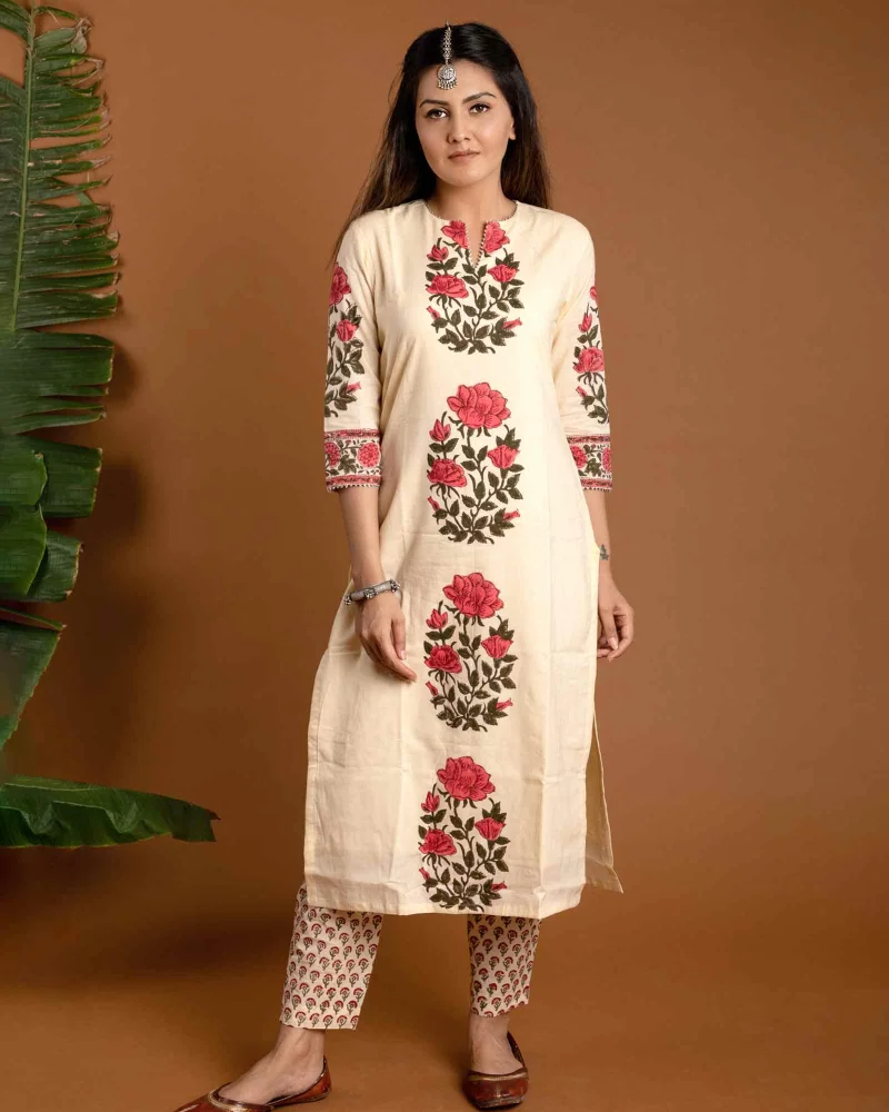 GoSriKi  GoSriKi Women's Rayon Blend Straight Printed Kurta with Pant & Dupatta (ACTUAL-CREAM-GS_M_Cream_Medium) for Women | Best Price UAE